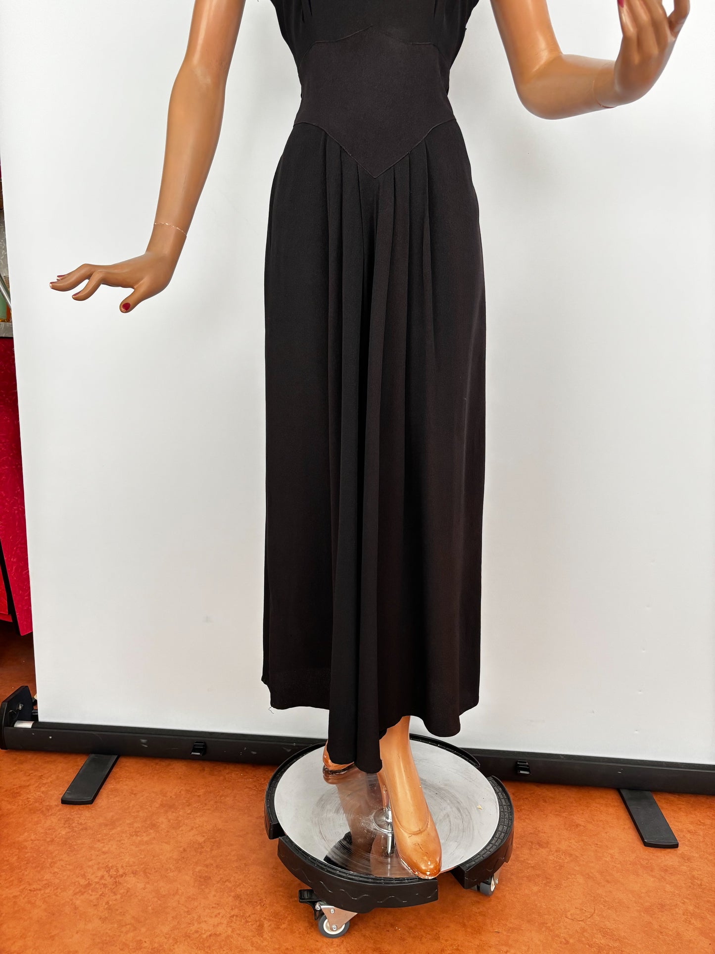 S | 1940s Black Crepe Dress With Gold Sequin Bodice and Cape Sleeves