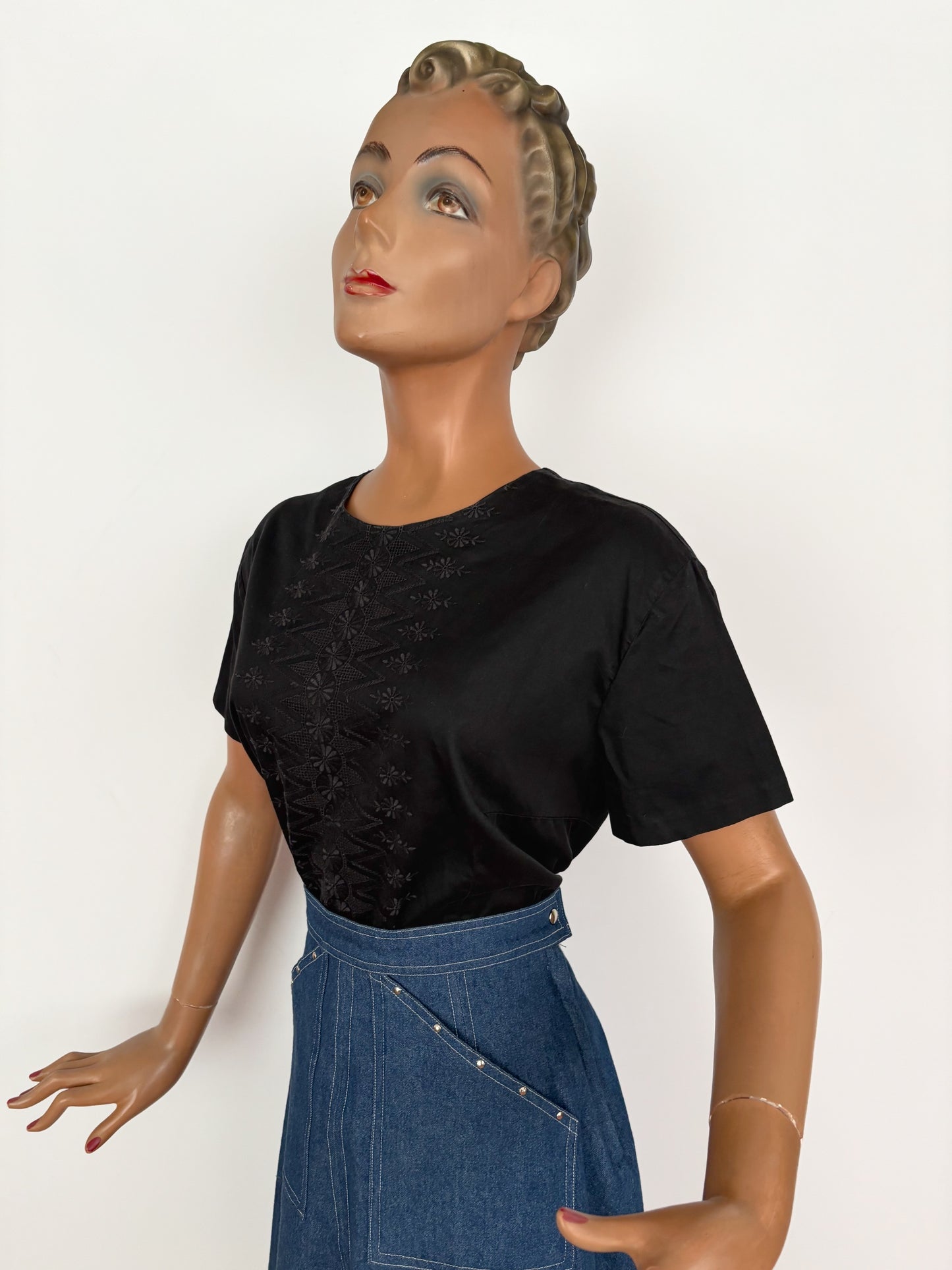XL | 1960s Black Cotton Embroidered Blouse