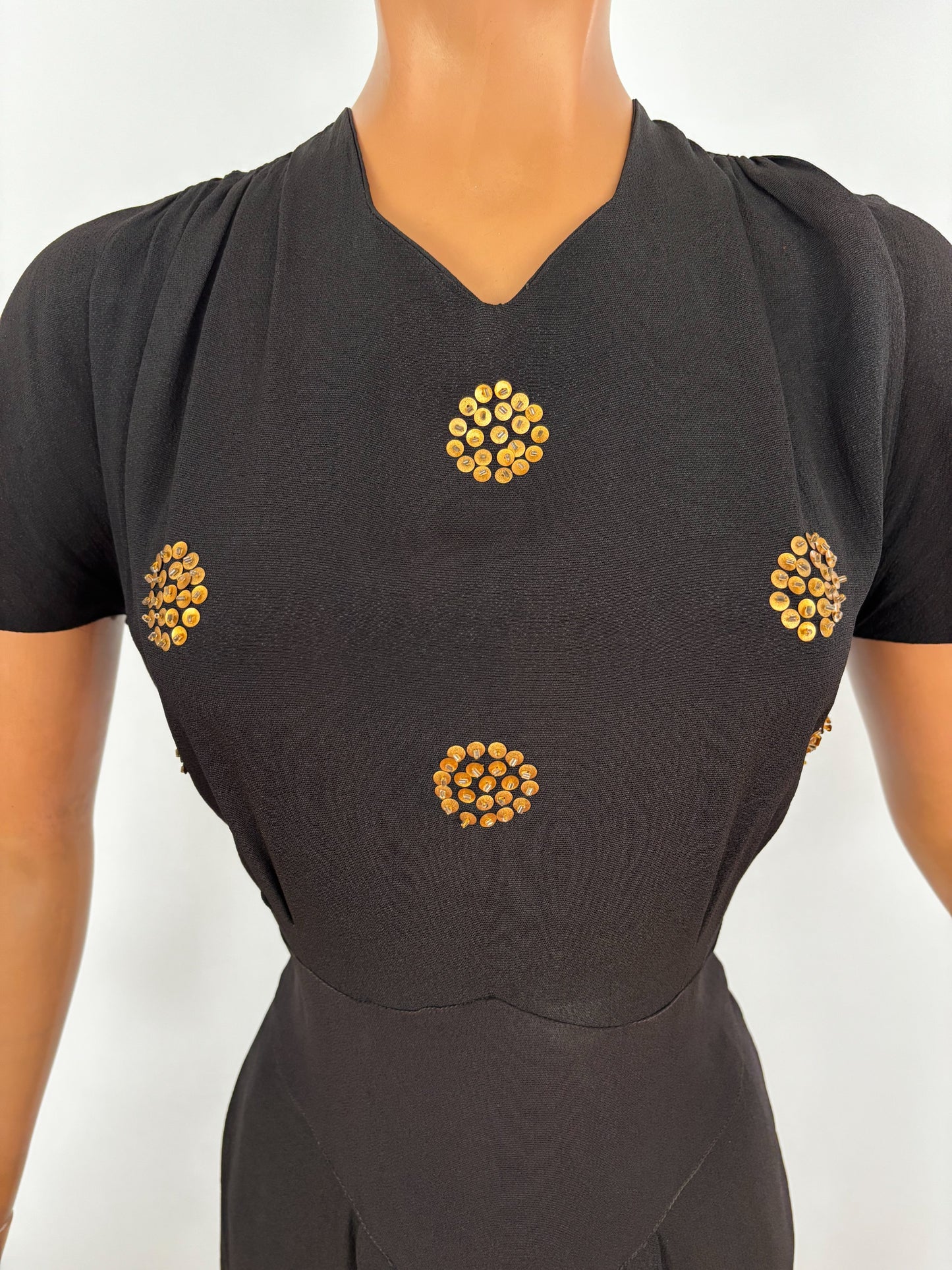 S | 1940s Black Crepe Dress With Gold Sequin Bodice and Cape Sleeves