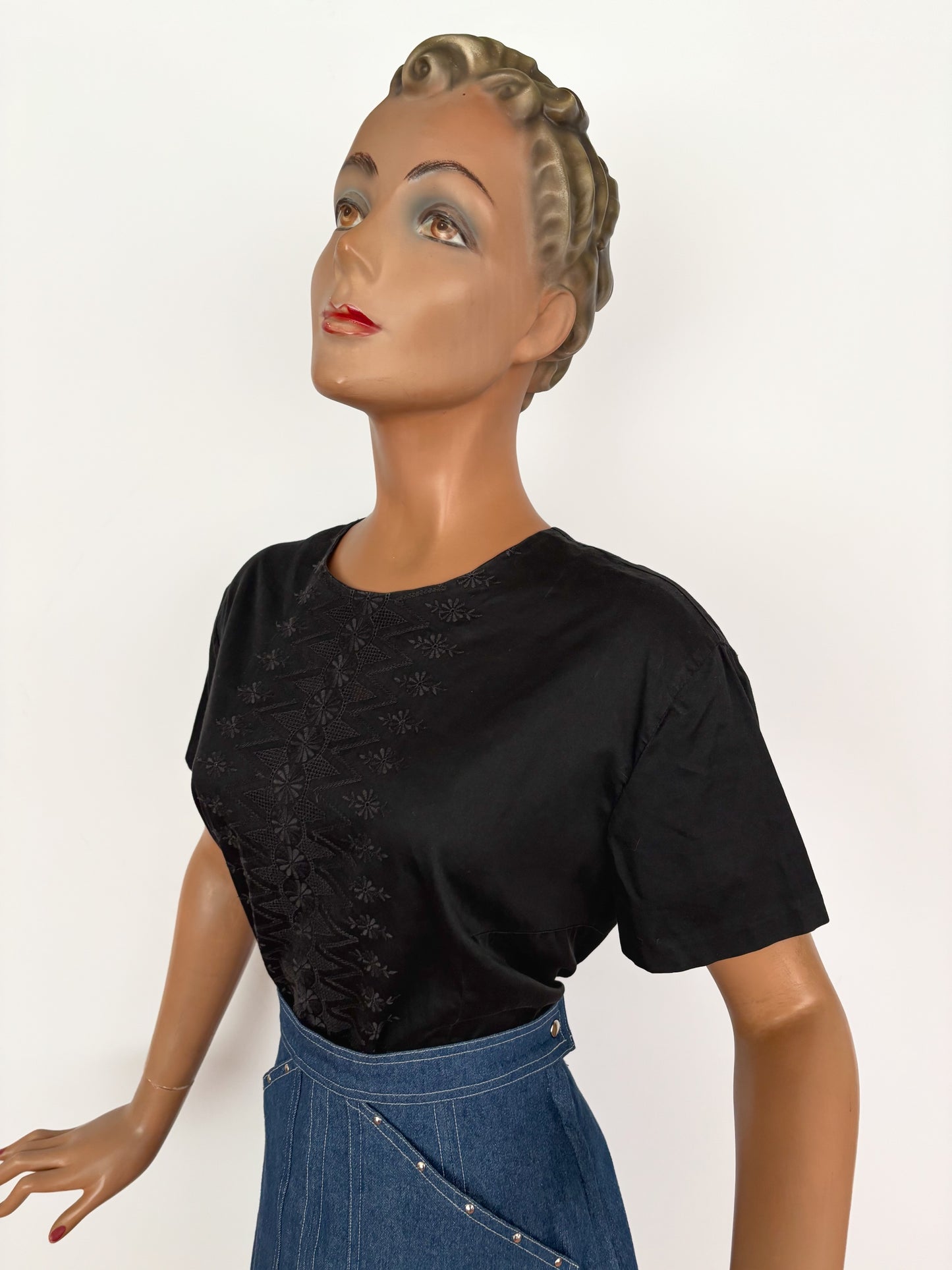 XL | 1960s Black Cotton Embroidered Blouse