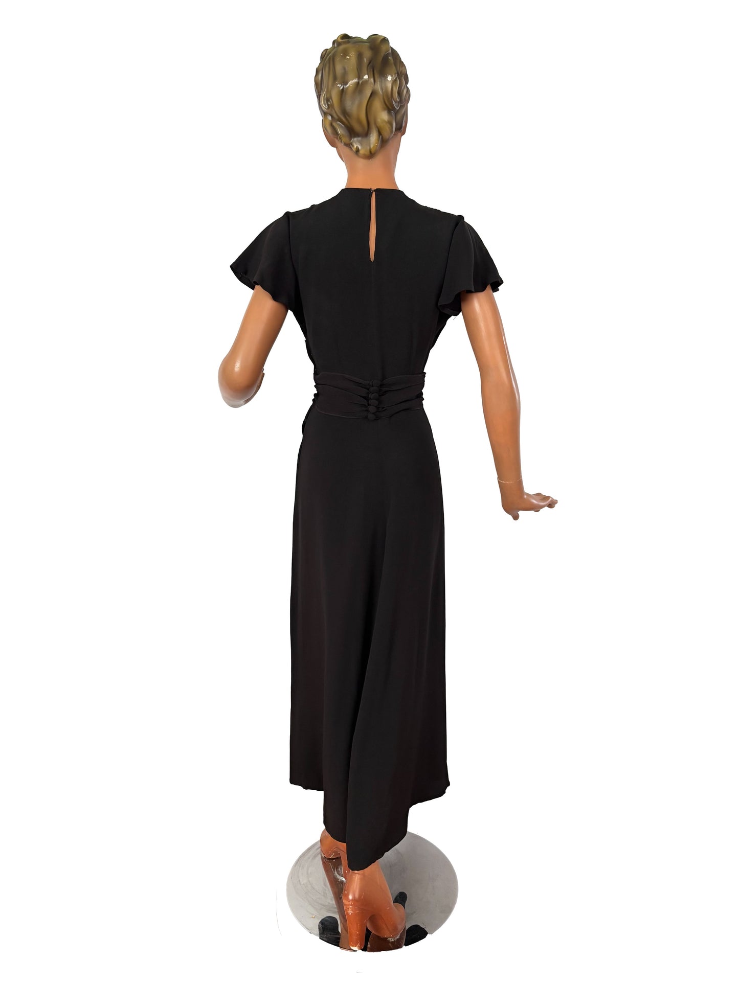 S | 1940s Black Crepe Dress With Gold Sequin Bodice and Cape Sleeves