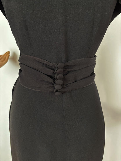 S | 1940s Black Crepe Dress With Gold Sequin Bodice and Cape Sleeves