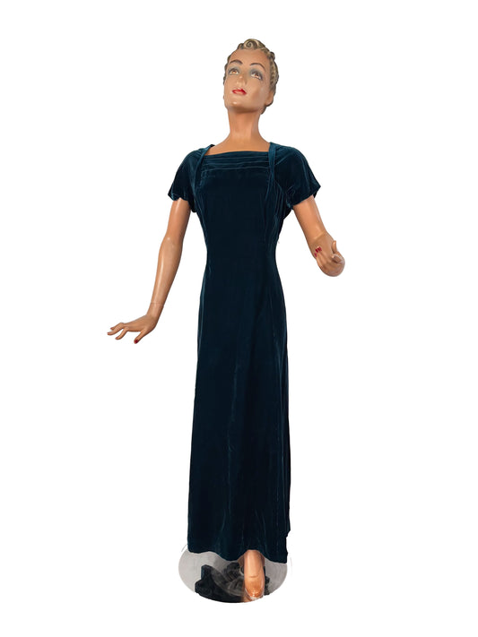 L/XL | 1940s Petrol Velvet Ankle Length Evening Dress