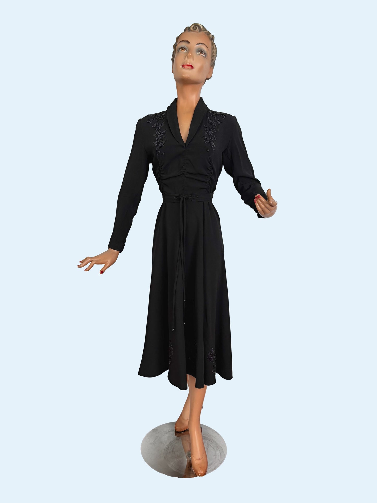 M/L | 1940s Black Crepe Beaded  Evening Dress