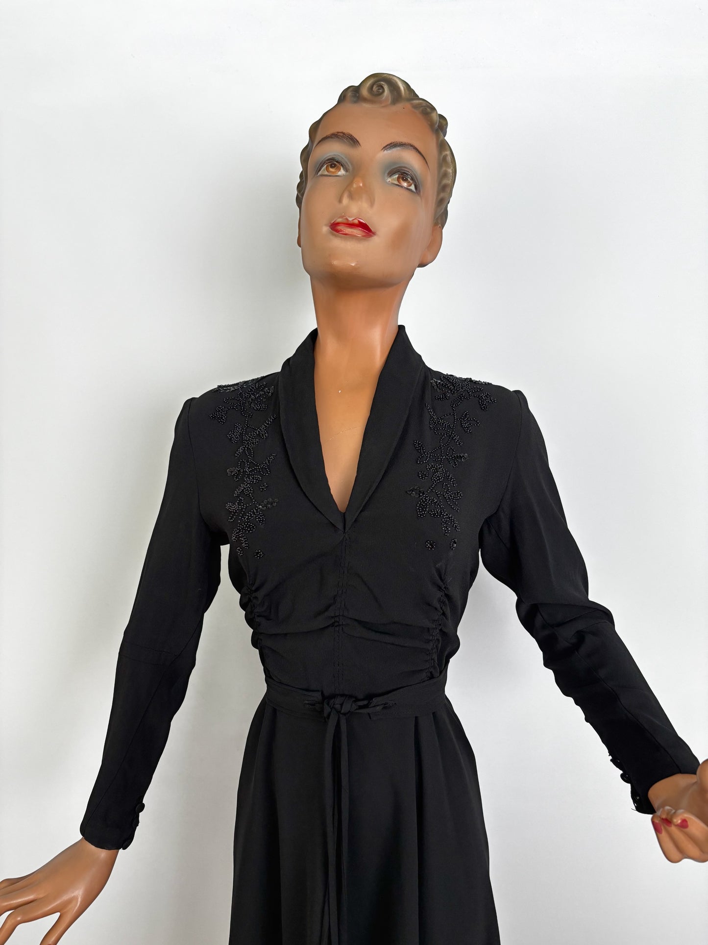 M/L | 1940s Black Crepe Beaded  Evening Dress
