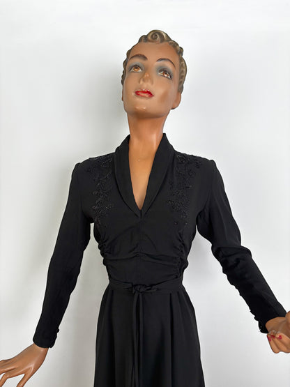 M/L | 1940s Black Crepe Beaded  Evening Dress