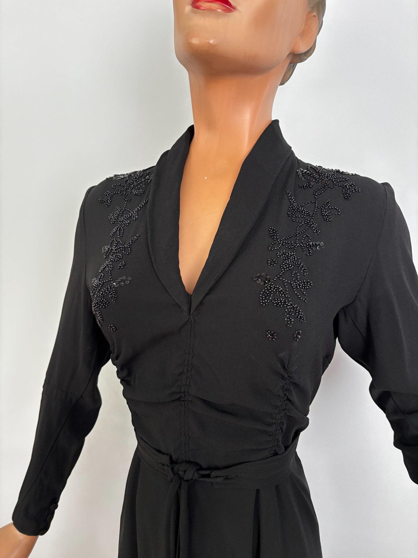 M/L | 1940s Black Crepe Beaded  Evening Dress