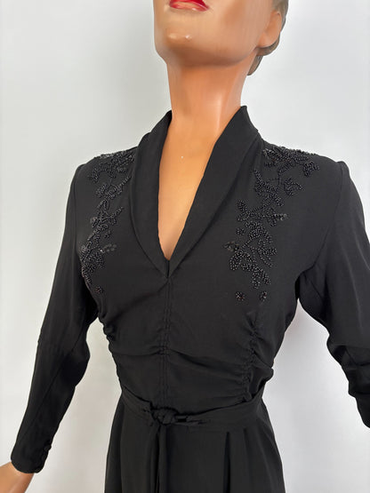 M/L | 1940s Black Crepe Beaded  Evening Dress