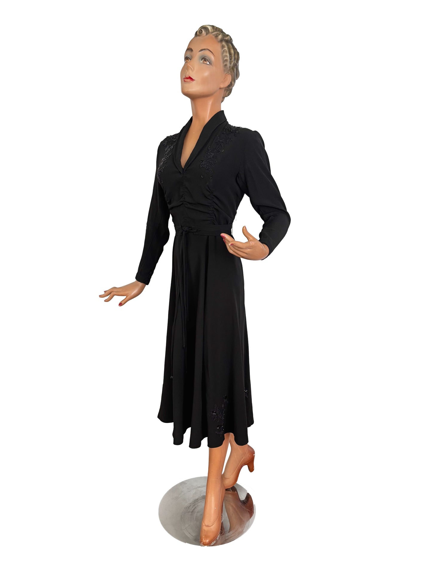 M/L | 1940s Black Crepe Beaded  Evening Dress