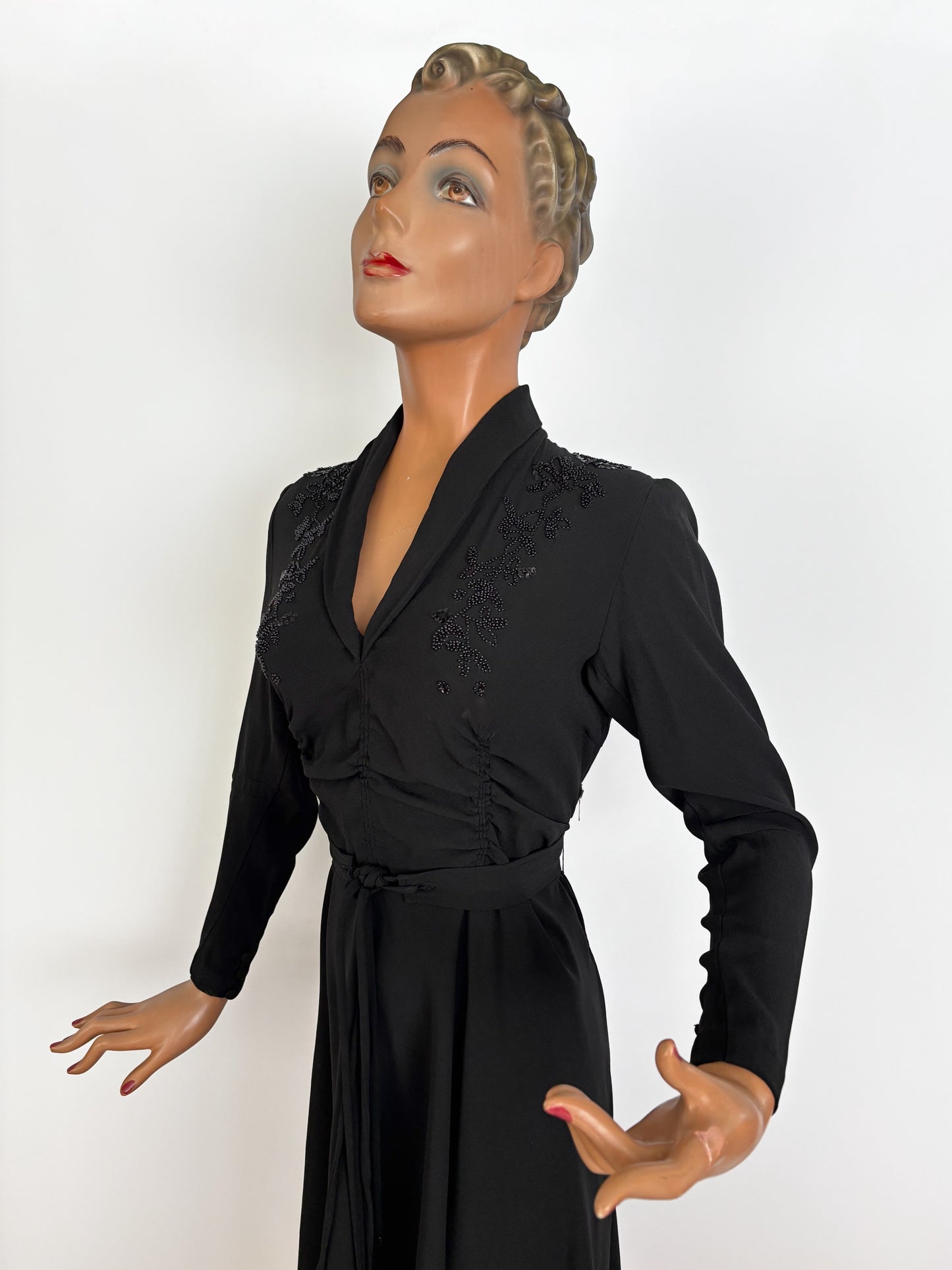M/L | 1940s Black Crepe Beaded  Evening Dress