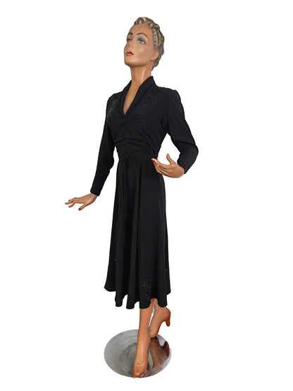M/L | 1940s Black Crepe Beaded  Evening Dress