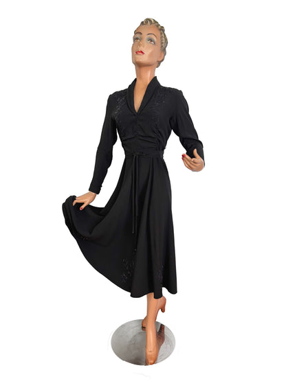 M/L | 1940s Black Crepe Beaded  Evening Dress