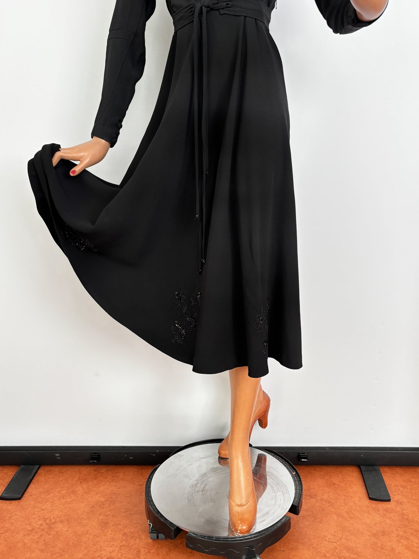 M/L | 1940s Black Crepe Beaded  Evening Dress