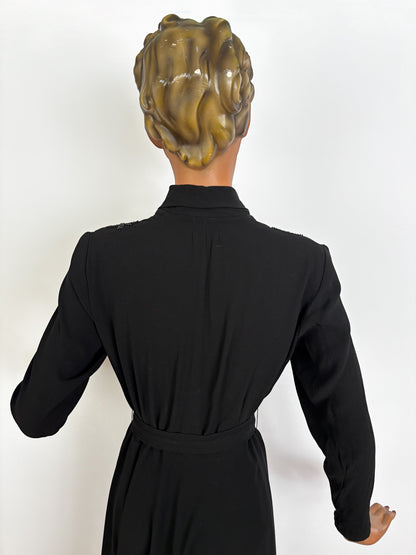 M/L | 1940s Black Crepe Beaded  Evening Dress