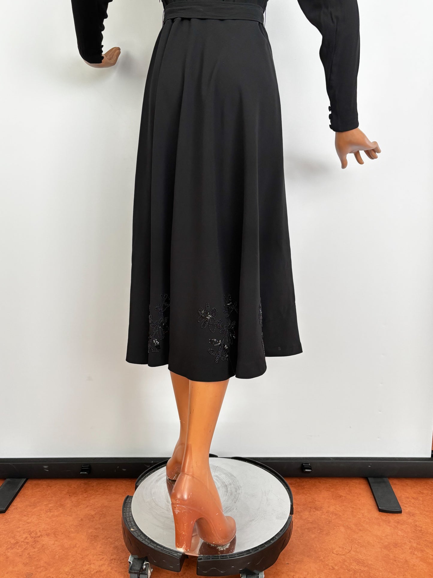 M/L | 1940s Black Crepe Beaded  Evening Dress