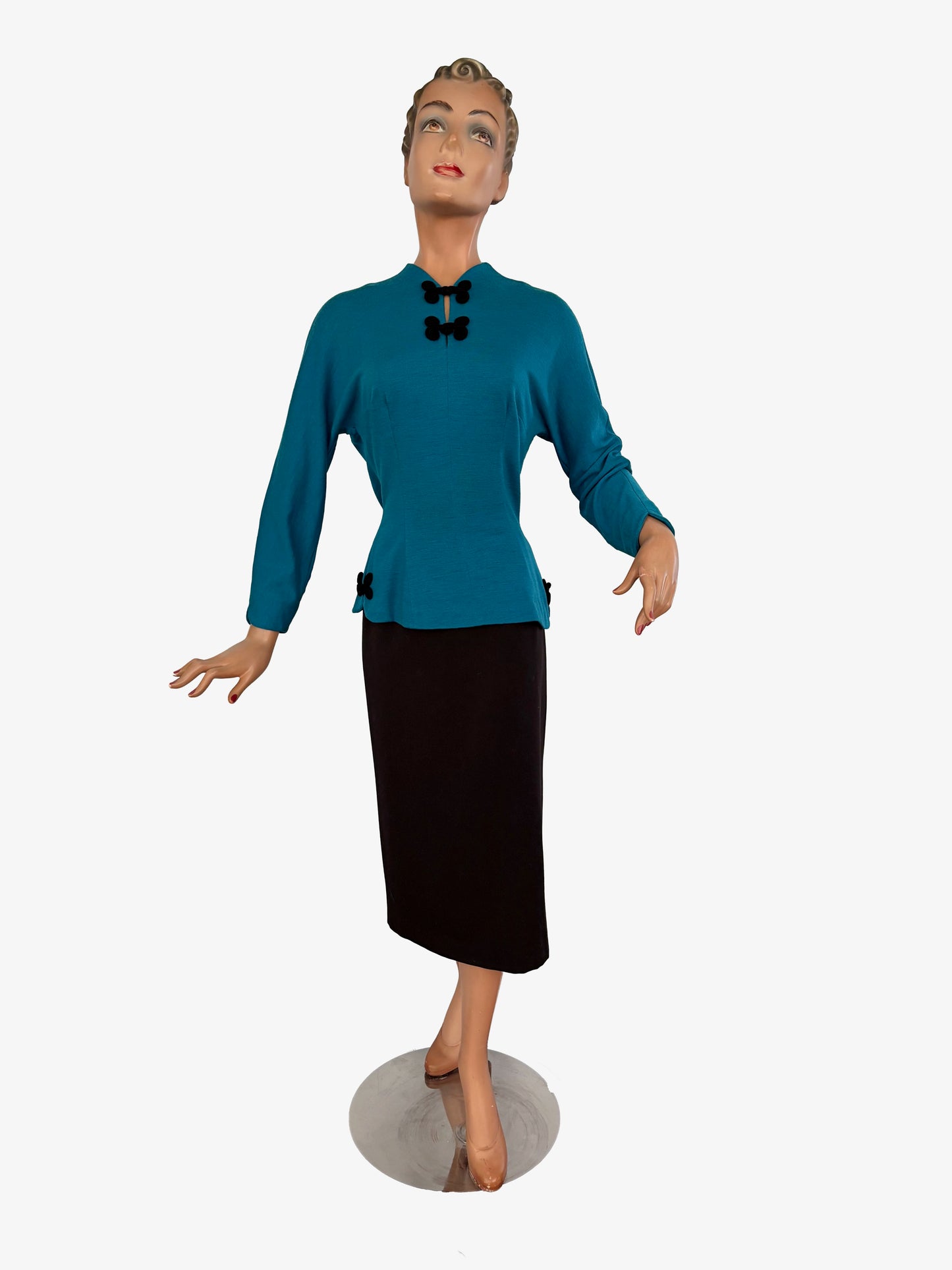 M | 1950s Turquoise Knit Top With Frog Closures