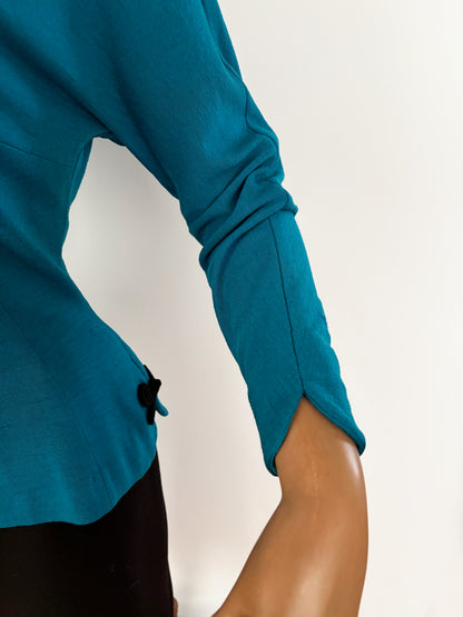 M | 1950s Turquoise Knit Top With Frog Closures