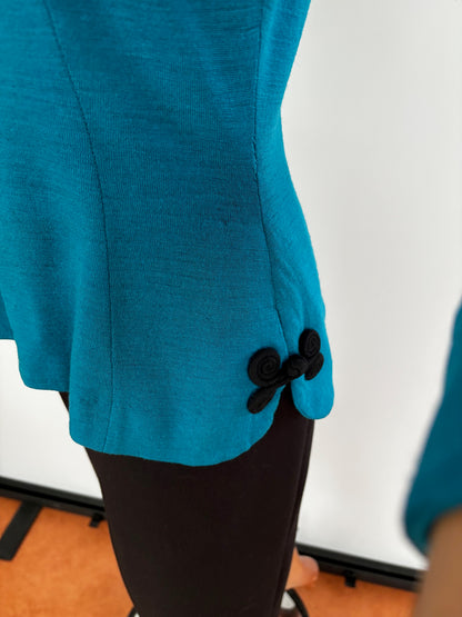 M | 1950s Turquoise Knit Top With Frog Closures