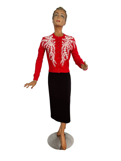 XS/S | 1950s Beaded Red Cardigan With White Bugle Beads