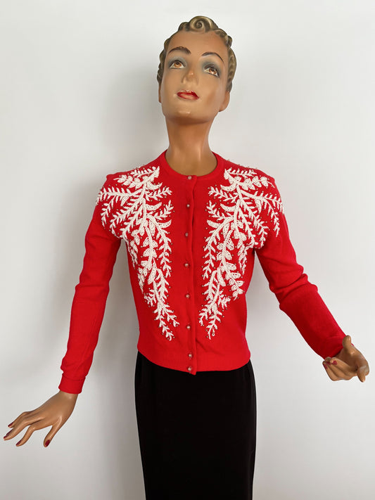 XS/S | 1950s Beaded Red Cardigan With White Bugle Beads
