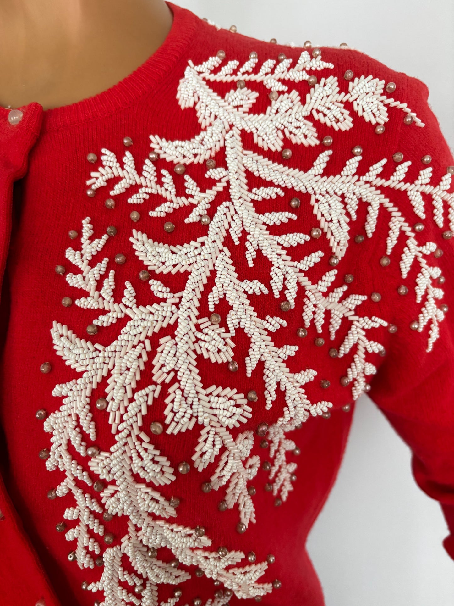 XS/S | 1950s Beaded Red Cardigan With White Bugle Beads