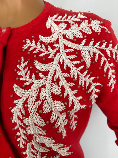 XS/S | 1950s Beaded Red Cardigan With White Bugle Beads