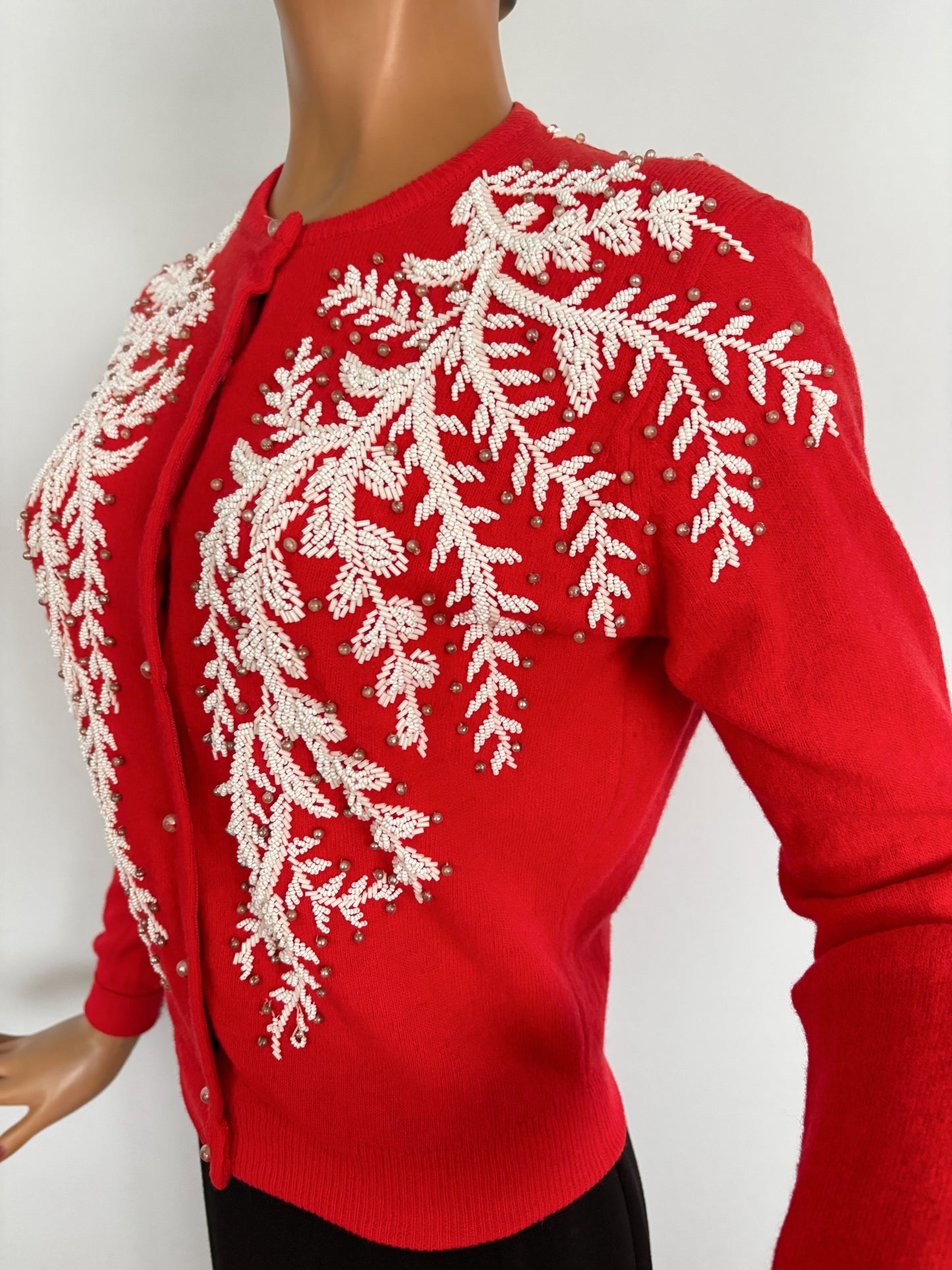 XS/S | 1950s Beaded Red Cardigan With White Bugle Beads
