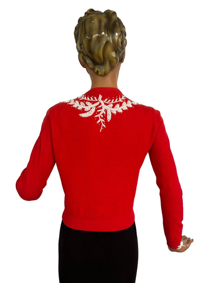 XS/S | 1950s Beaded Red Cardigan With White Bugle Beads