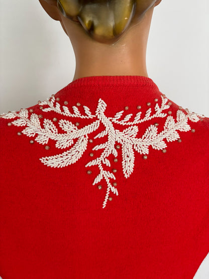 XS/S | 1950s Beaded Red Cardigan With White Bugle Beads