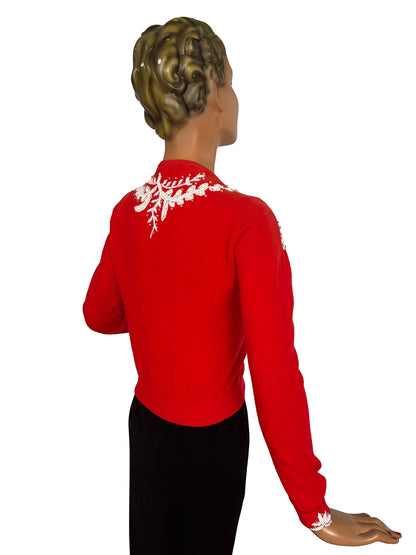 XS/S | 1950s Beaded Red Cardigan With White Bugle Beads