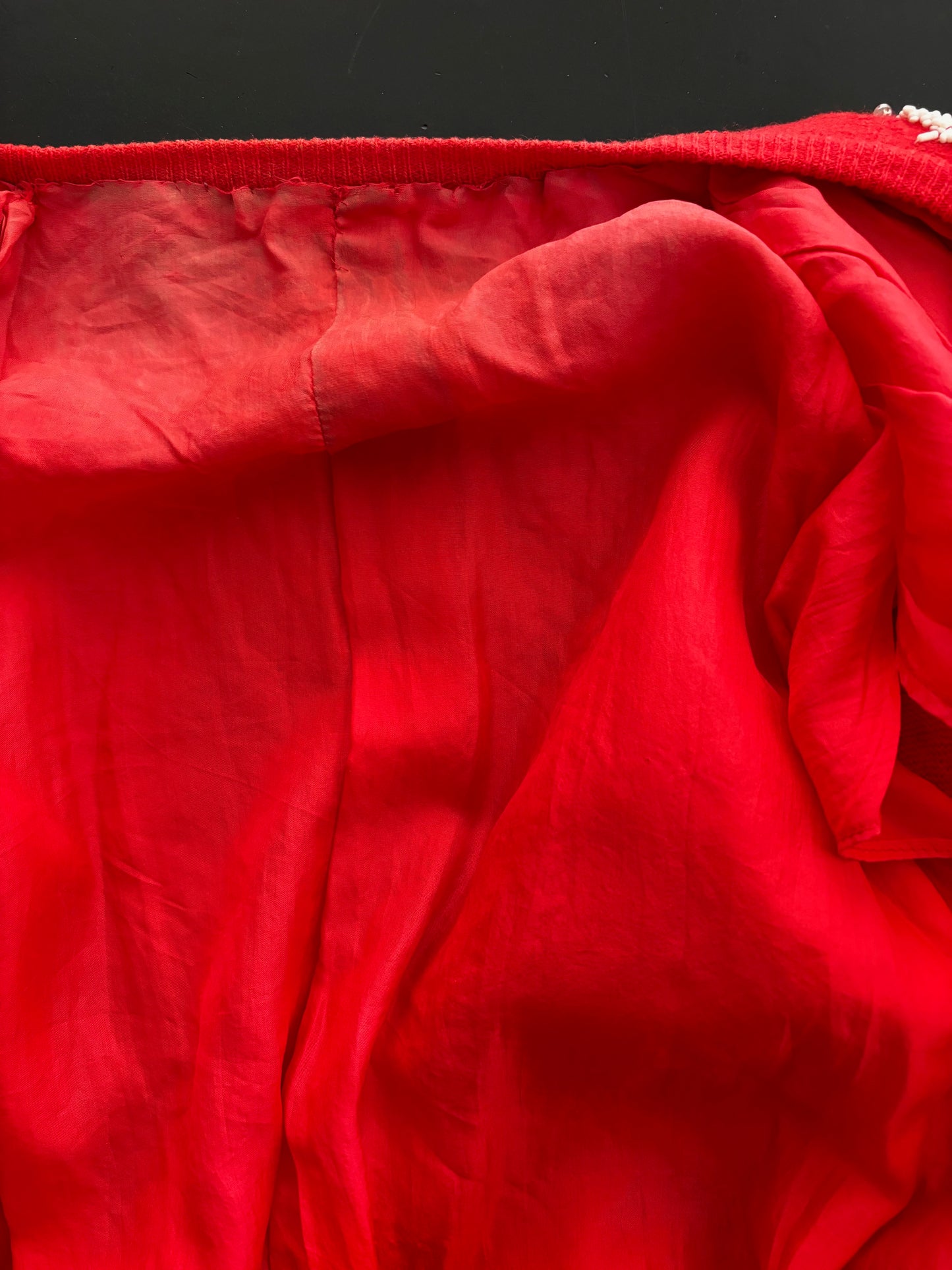 XS/S | 1950s Beaded Red Cardigan With White Bugle Beads