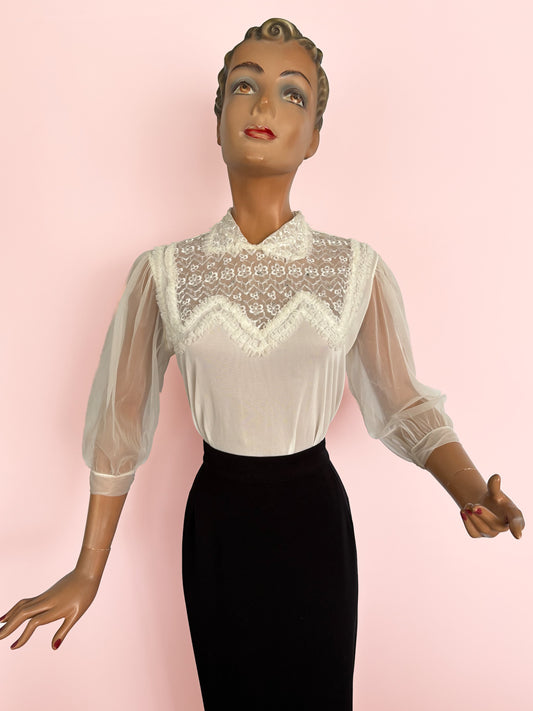 S/M | 1950s 1960s Mark Lee Original Sheer Blouse with Embroidery And Rhinestones