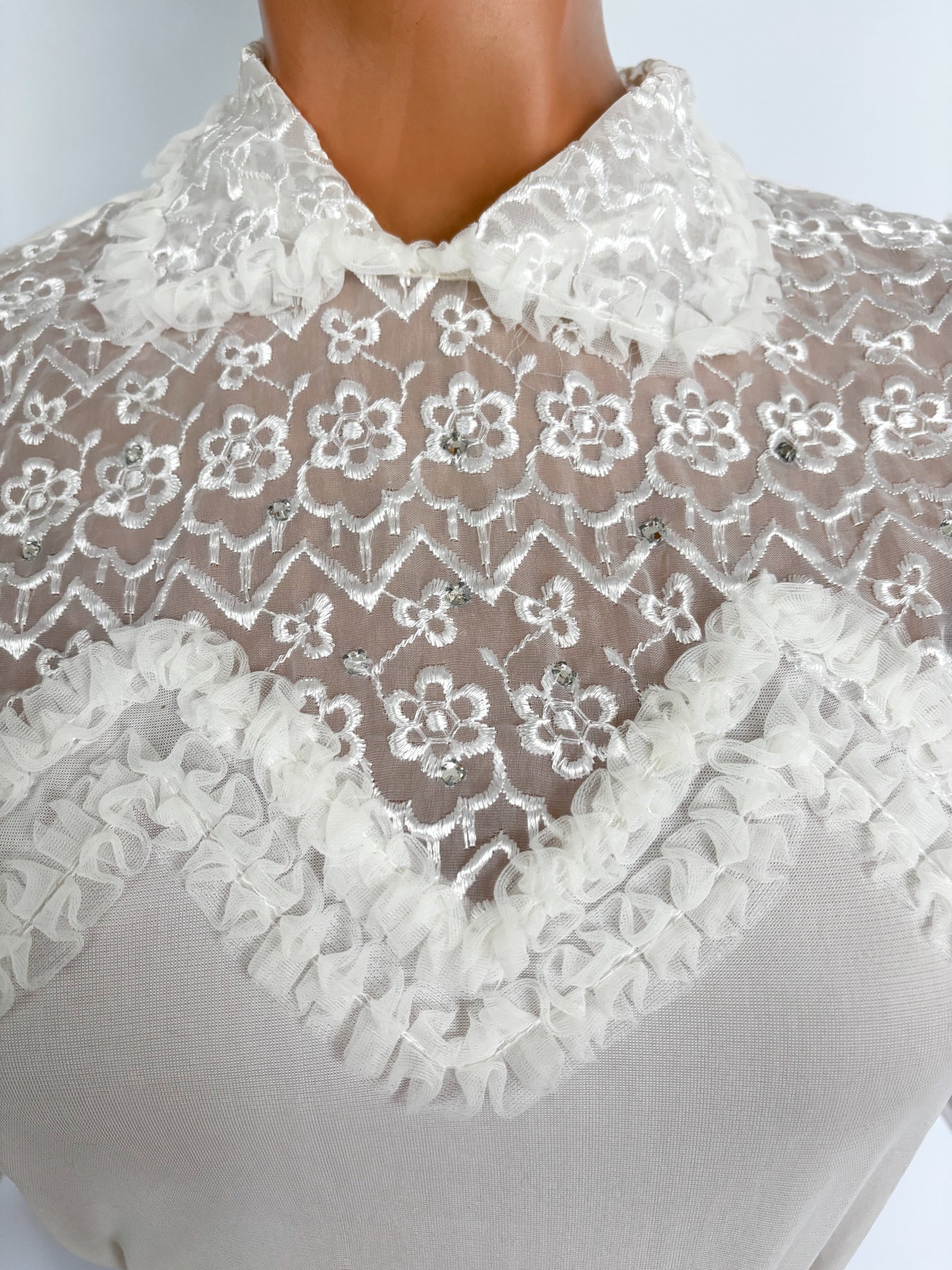 S/M | 1950s 1960s Mark Lee Original Sheer Blouse with Embroidery And Rhinestones