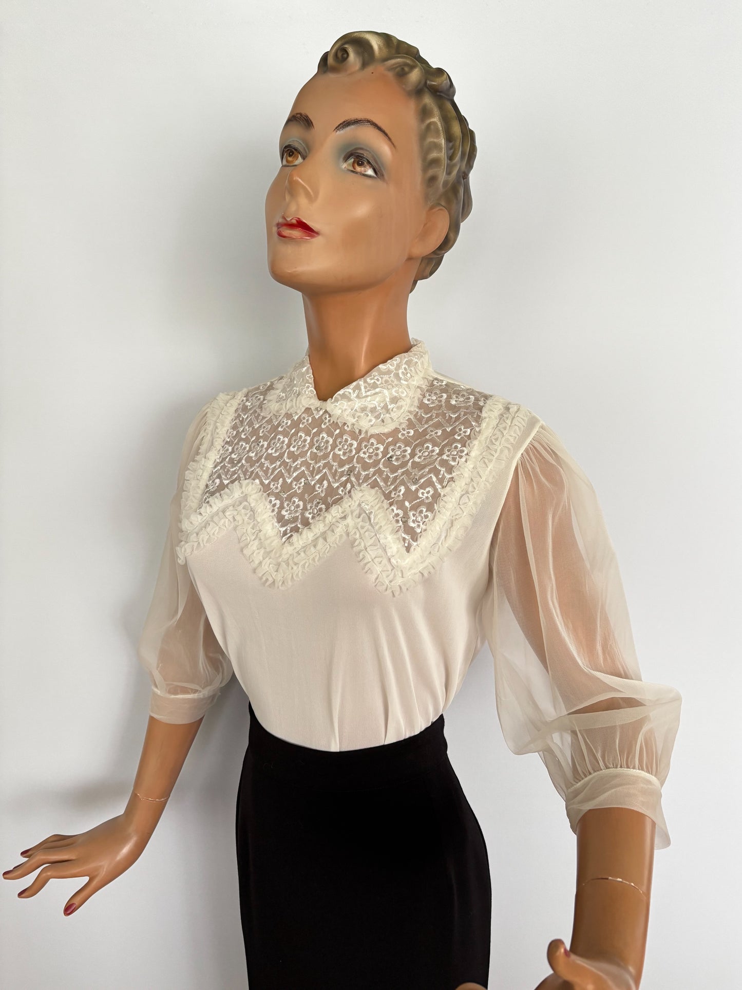 S/M | 1950s 1960s Mark Lee Original Sheer Blouse with Embroidery And Rhinestones