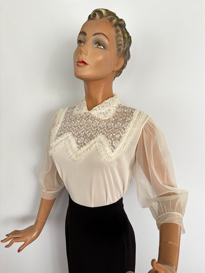 S/M | 1950s 1960s Mark Lee Original Sheer Blouse with Embroidery And Rhinestones