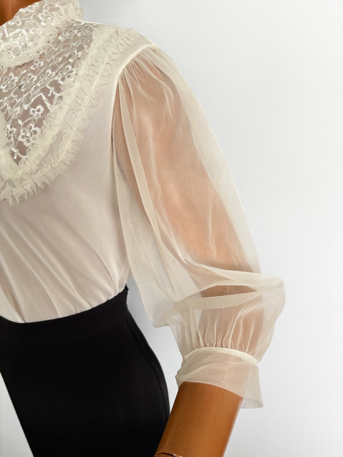 S/M | 1950s 1960s Mark Lee Original Sheer Blouse with Embroidery And Rhinestones