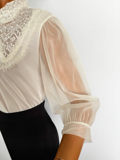 S/M | 1950s 1960s Mark Lee Original Sheer Blouse with Embroidery And Rhinestones
