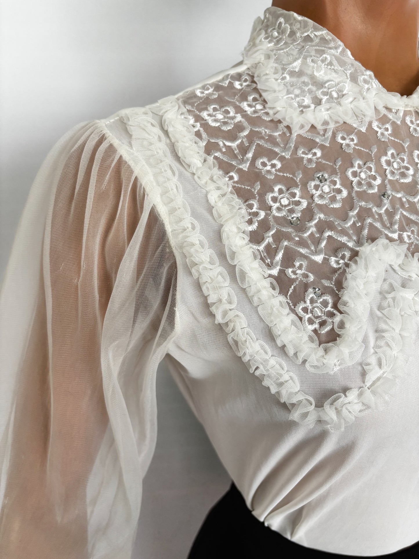 S/M | 1950s 1960s Mark Lee Original Sheer Blouse with Embroidery And Rhinestones