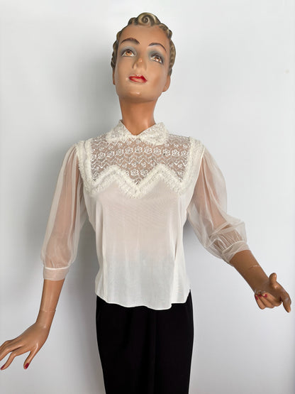 S/M | 1950s 1960s Mark Lee Original Sheer Blouse with Embroidery And Rhinestones