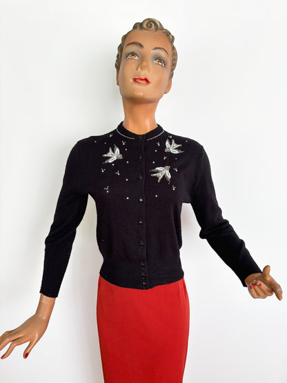 S | Late 1950s Beaded Bird Cardigan