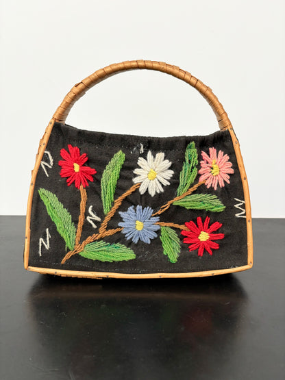 1960s/70s Madeira Embroidered Bamboo Handbag
