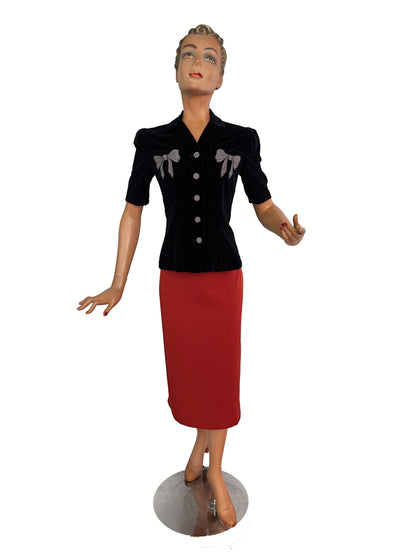 S | 1940s Black Velvet Bow Jacket - wounded