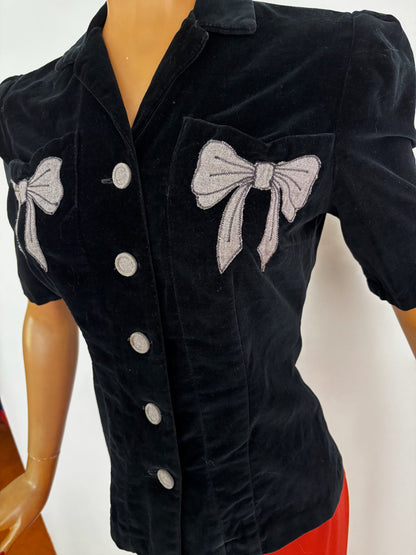 S | 1940s Black Velvet Bow Jacket - wounded