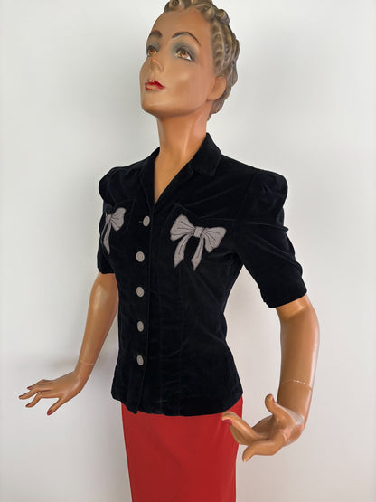 S | 1940s Black Velvet Bow Jacket - wounded