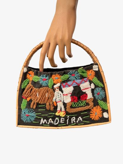1960s/70s Madeira Embroidered Bamboo Handbag