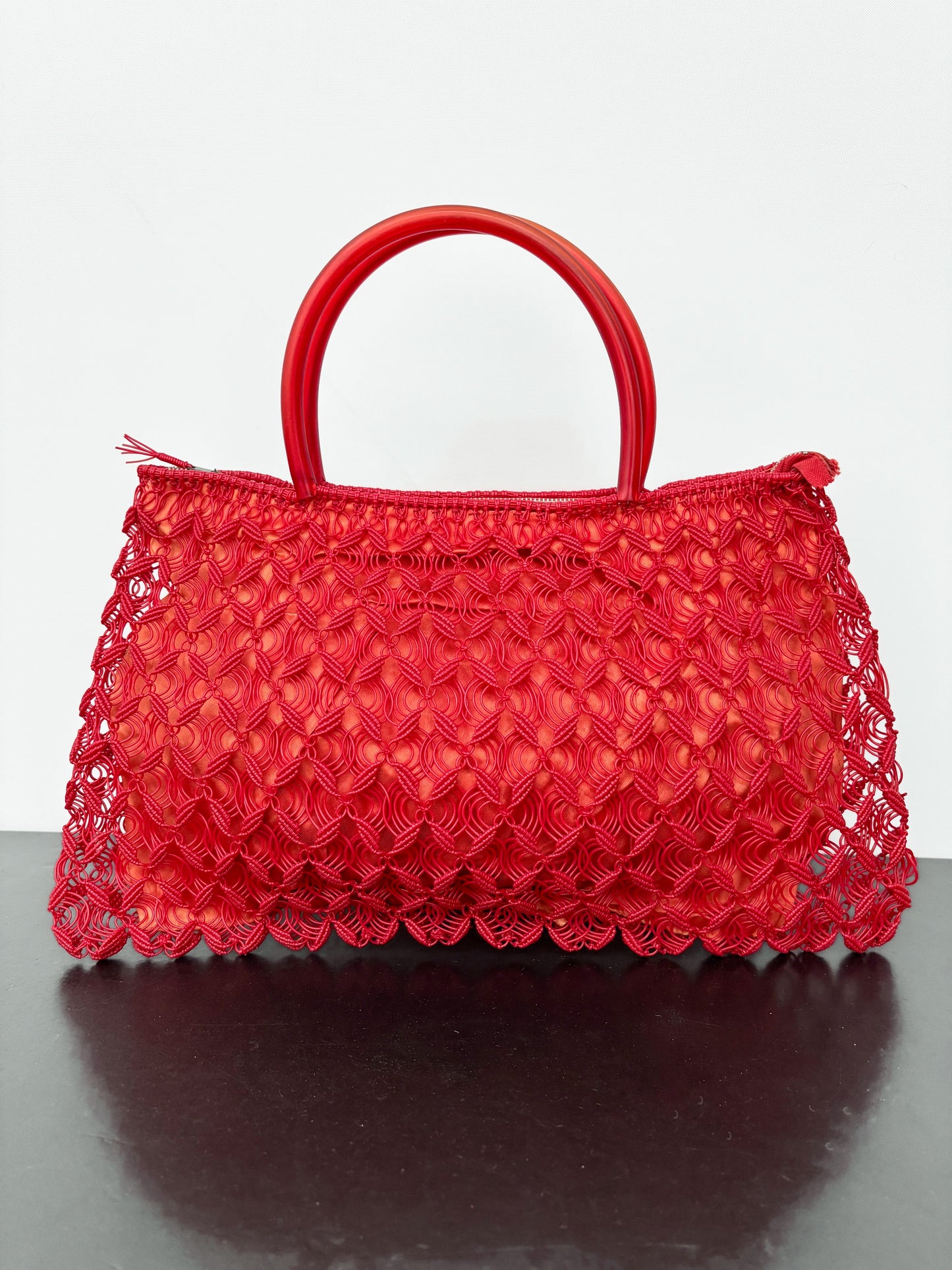 1950s/60s Red Woven Plastic Cord Handbag With Round Handles