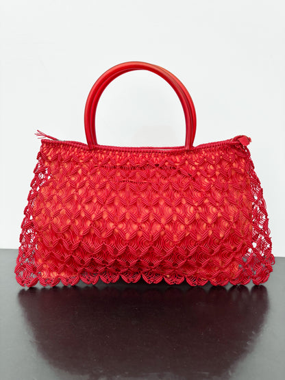 1950s/60s Red Woven Plastic Cord Handbag With Round Handles