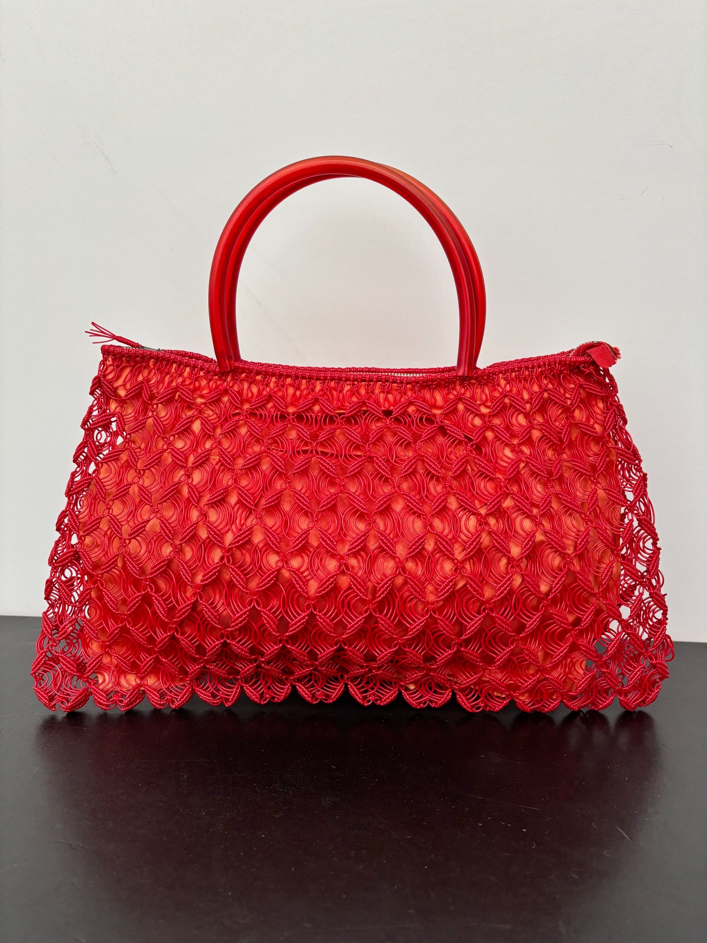 1950s/60s Red Woven Plastic Cord Handbag With Round Handles