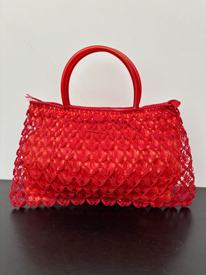 1950s/60s Red Woven Plastic Cord Handbag With Round Handles