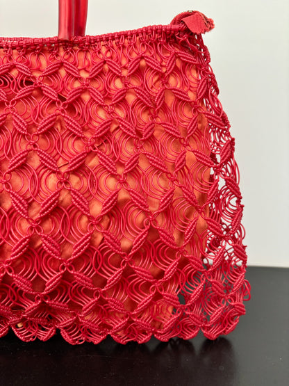 1950s/60s Red Woven Plastic Cord Handbag With Round Handles